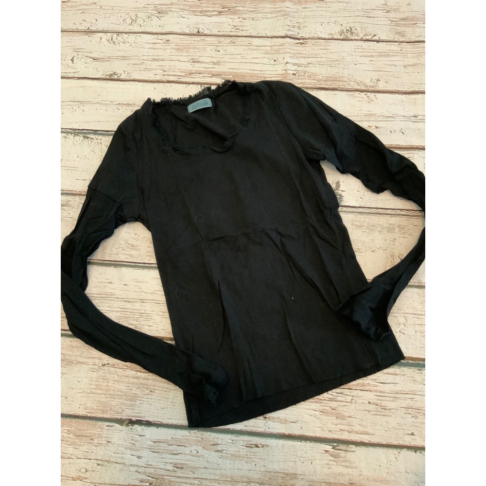 Velvet Whimsygoth Y2K Black V-Neck Long Sleeve Raw Edge Fringe Top Womens Large